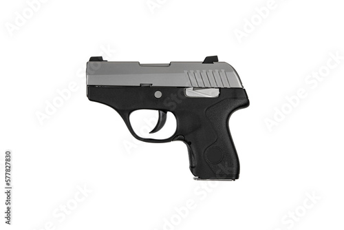Modern semi-automatic pistol. A short-barreled weapon for self-defense. A small weapon for concealed carry. Isolate on a white back. © solidmaks