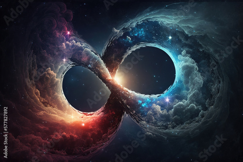 Colorful space with infinity symbol. Fantasy galaxy generative AI background photo