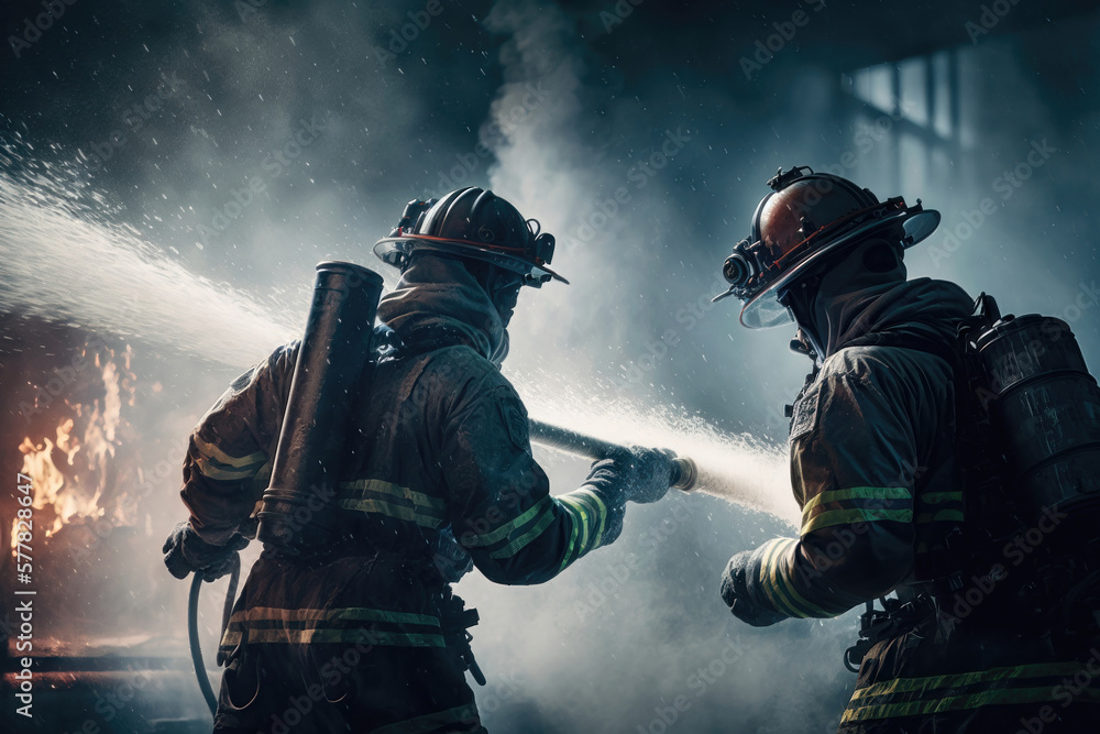 Two brave firefighter in fire suit on rescue duty using water. AI Generation Two brave firefighter in fire suit on rescue duty using water. AI Generation