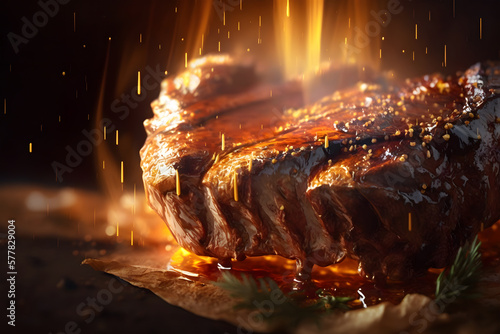 Grilled beef steak on wooden table with fire and smoke on background. Copy space. Food design. Baked meat. Delicious dish. Artistic blur. Generative AI technology.