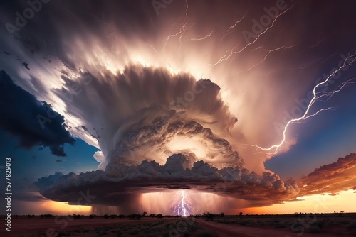 Amazing thunderstorm supercell cloud with lightning bolts flashing over horizon. Generative ai illustration. photo