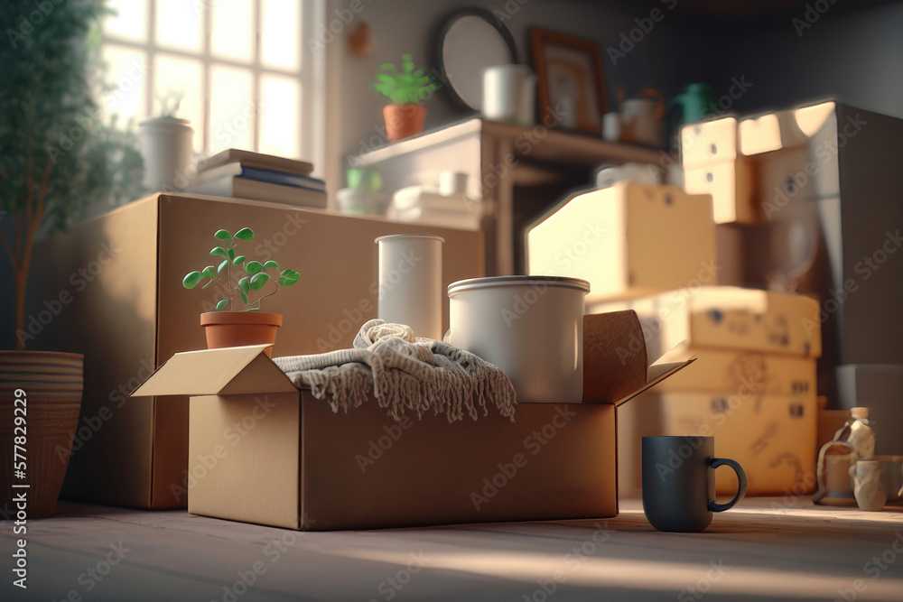 Stack of cardboard boxes in room. Packed things ready for moving in or out of house. AI Generation Stack of cardboard boxes in room. Packed things ready for moving in or out of house. AI Generation
