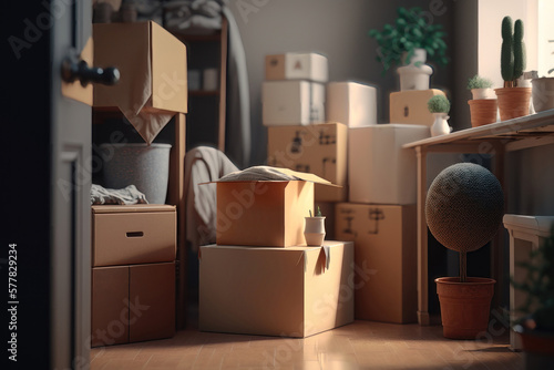 Stack of cardboard boxes in room. Packed things ready for moving in or out of house. AI Generation © yuliachupina