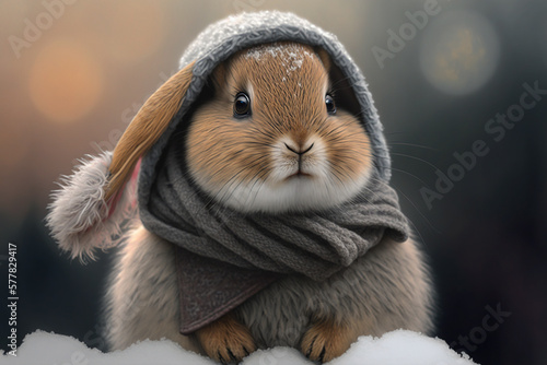 a rabbit wearing a hat and scarf in the snow