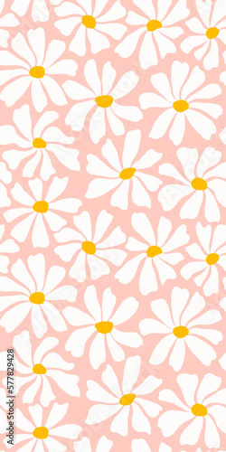 Groovy daisy flower seamless pattern. Cute hand drawn floral background.