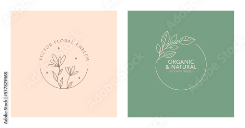 Set of vector floral organic emblems.Natural logo designs with linear flowers,branch and frame.Modern eco or bio badges in trendy minimalist style.Branding boho design templates.