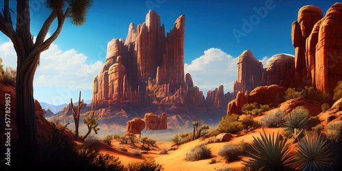 Desert landscape - southwestern desert with cliffs and crags in the environmental landscape. Generative AI