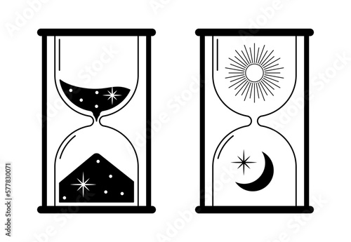 Vector vintage hourglass with dark starry sand inside to measure time. Esoteric astrology symbol isolated on white