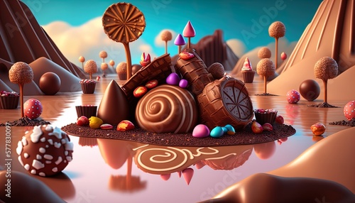 Fantasy world consisting of chocolate and candy, super sweet, dreamland, sugar paradise, candyland created with generative ai technology photo