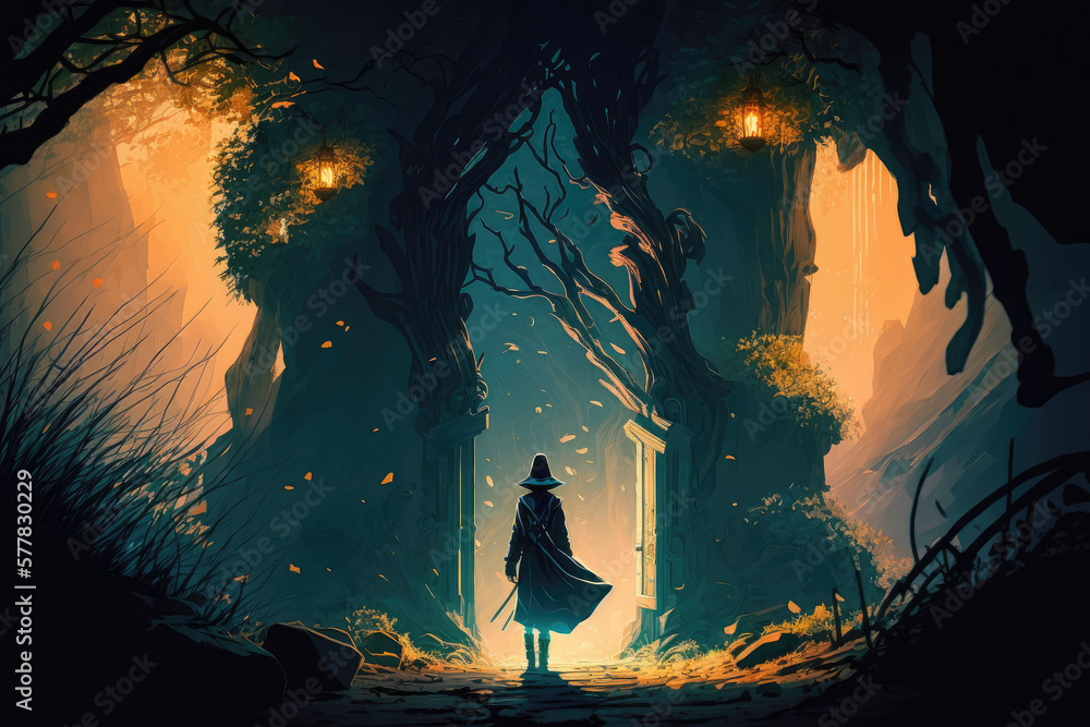 Obraz premium The Hero Takes the Pathway to the Ancient World