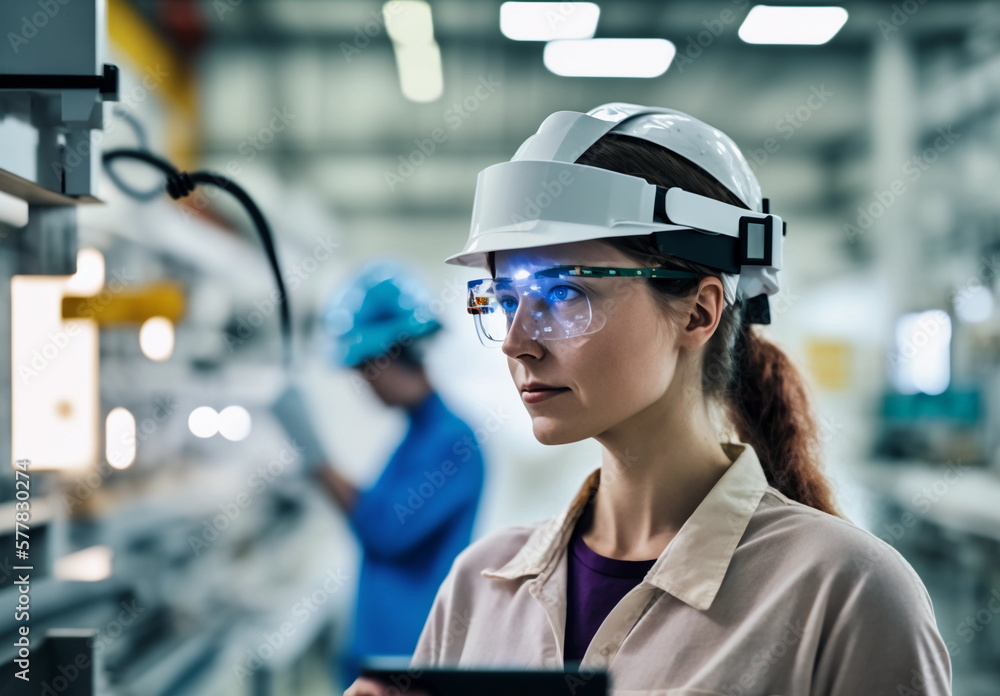 Woman wearing augmented reality headset (AR) standing in industrial production site Woman wearing augmented reality headset (AR) standing in industrial production site