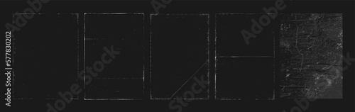 Old blank overlay texture set with effect damaged, concrete, dust, grunge, creases. Template stamps, scratched torn texture. Overlay texture with rough grunge shabby, distressed effect. Vector set