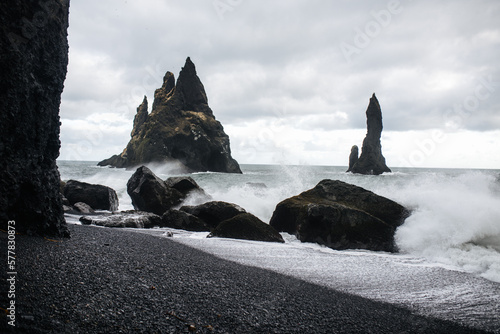 landscape of black rocks against the background of the stormy North Sea