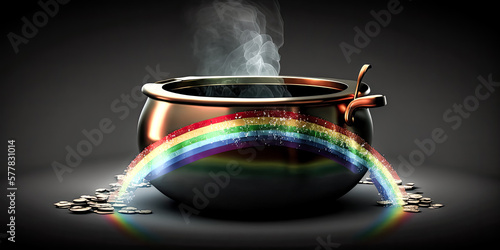 A glimmering pot of gold is seen at the end of a rainbow - generative ai.