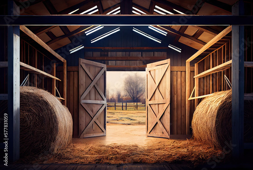 Interior of farm barn with hay created with AI photo