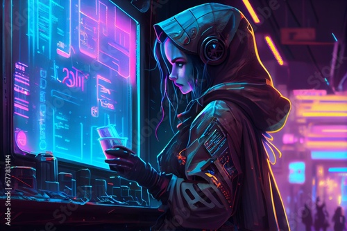 Cyberpunk girl, Trading risk management systems, neon, 3d render, generative AI
