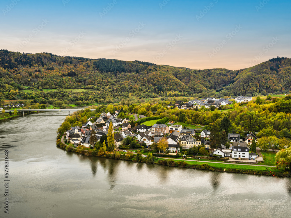 Senhals village on the Moselle river bend and lush mountain in Cochem-Zell district, Germany