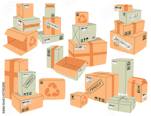 Stacks of cardboard boxes flat icons set