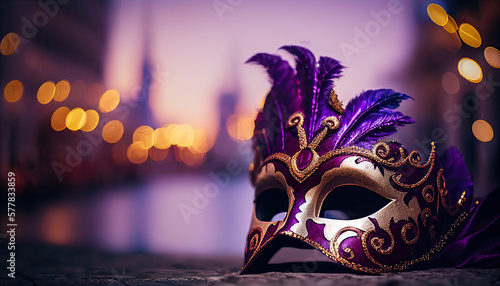 venetian mask on bokeh background Venice carnival purple generative AI