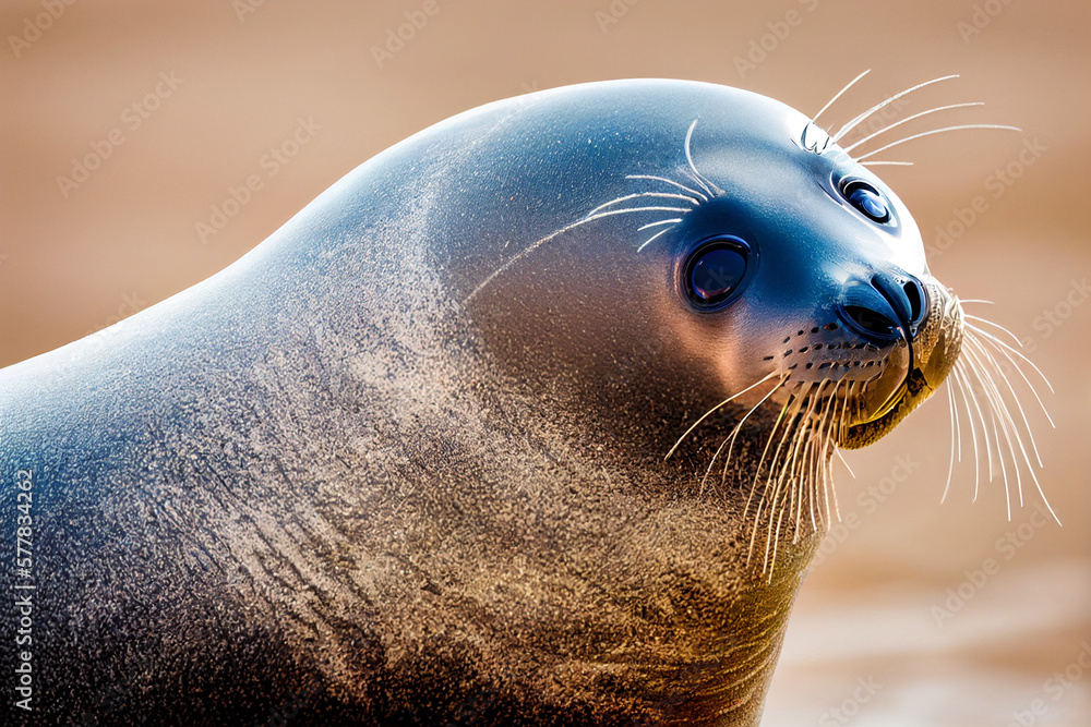 Fototapeta premium cute beautiful seal lies on the shore of the ocean waters, generative AI