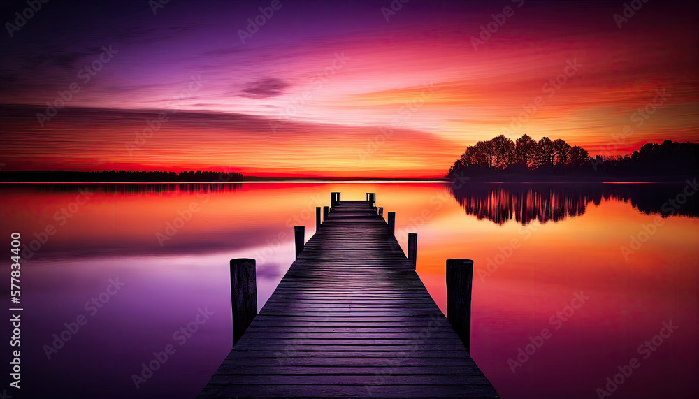 a lake dock beautiful pink and purple and orange sunrise generative AI