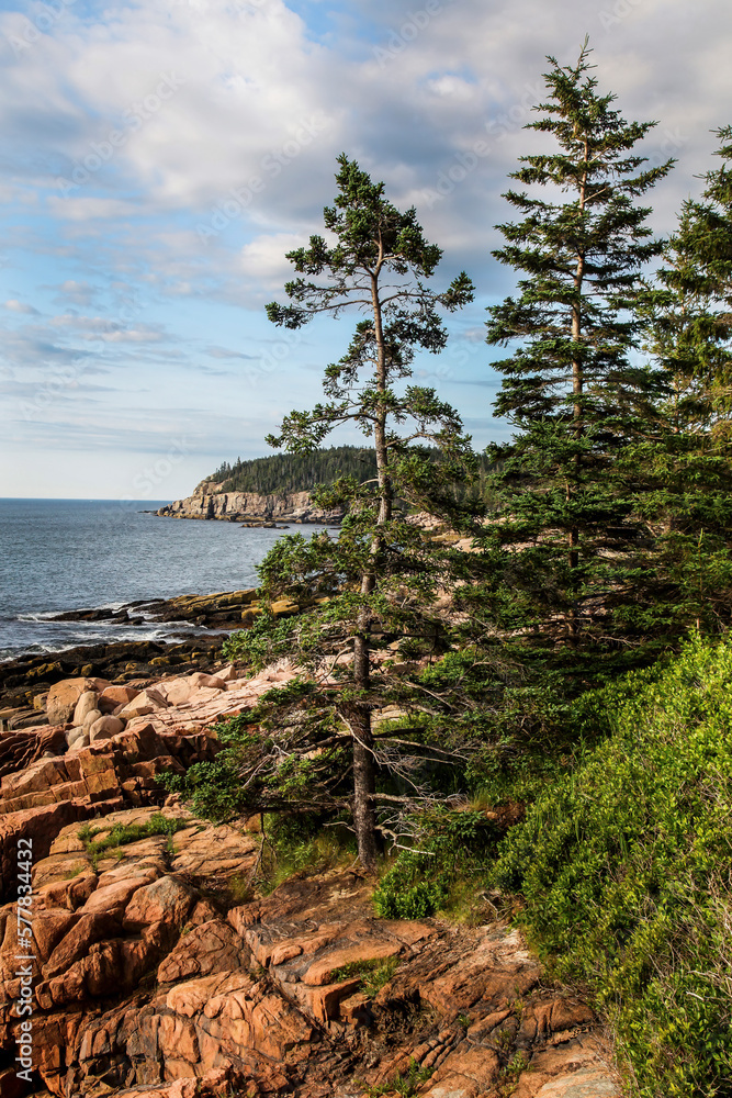 View from Acadia National Park in Summer with ocean nice blue sky and clouds View from Acadia National Park in Summer with ocean nice blue sky and clouds