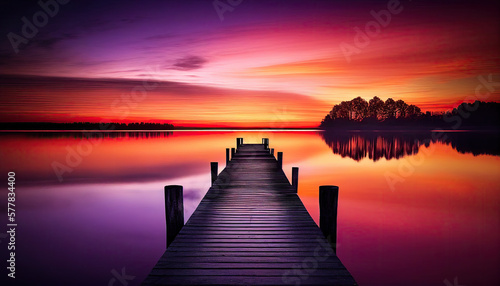 a lake dock beautiful pink and purple and orange sunrise generative AI