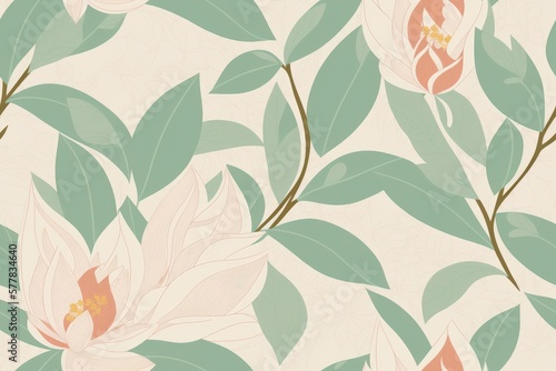 Magnolia figo flowers background. Seamless flat painting. Beautiful tribal generative ai art background