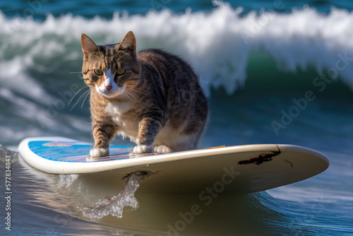A tabby cat surfing on a surfboard in the ocean with waves in the background created with Generative AI photo