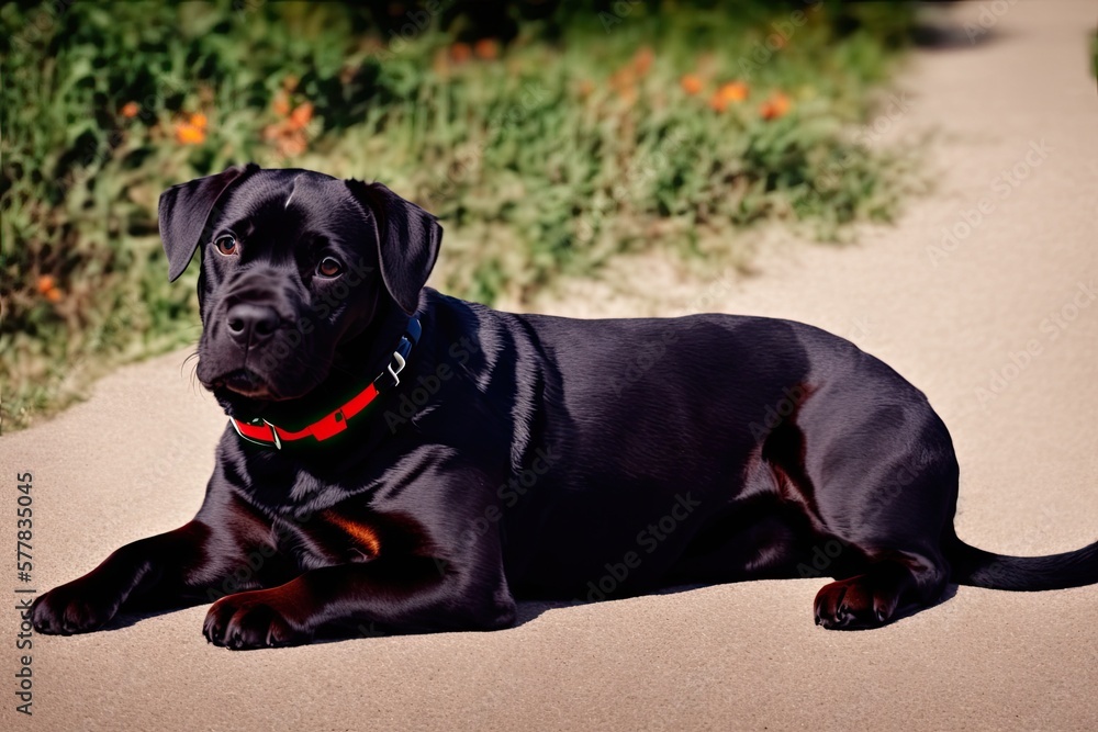 Black Young Cane Corso Dog Sit On Green Grass Outdoors, generative ai. Big Dog Breeds. Summer Season Black Young Cane Corso Dog Sit On Green Grass Outdoors, generative ai. Big Dog Breeds. Summer Season