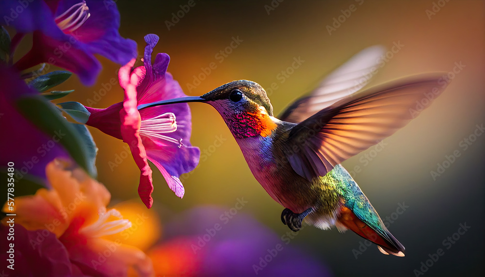Fototapeta premium colorful hummingbird drinking out of a hibiscus flower generative AI