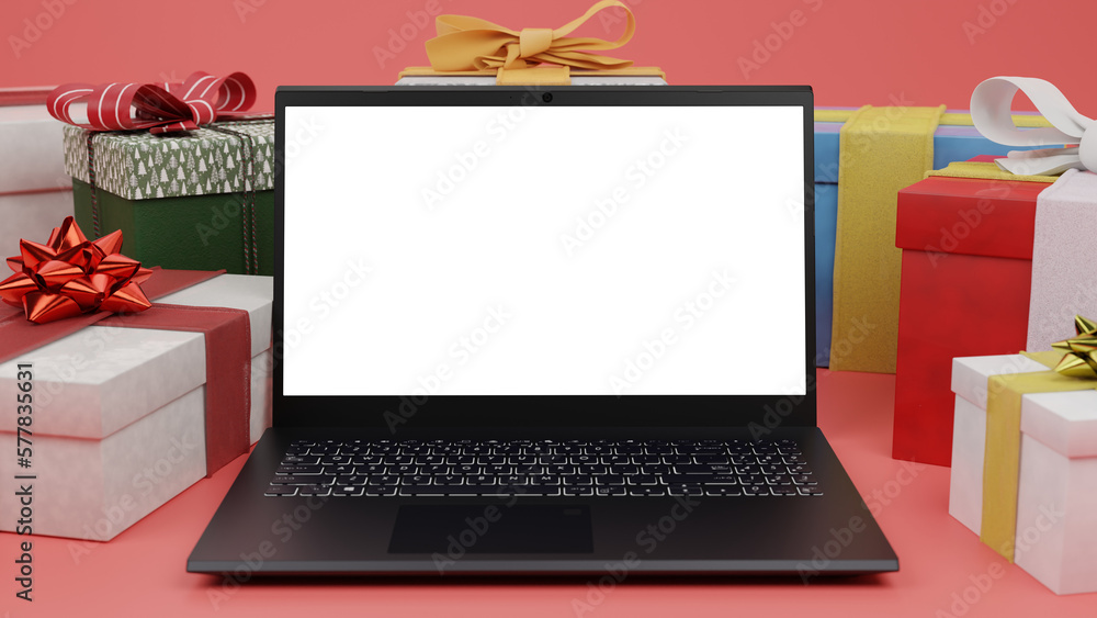 3D laptop between gift boxes and empty display for advertising, commercials, call to action, screenreplacement etc. 3D laptop between gift boxes and empty display for advertising, commercials, call to action, screenreplacement etc.