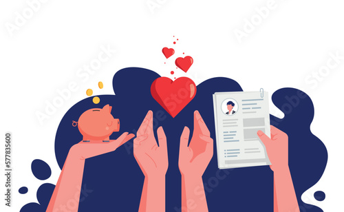 The three pillars of human resources: finance, recruitment and care. The four holding hands. The first one holds a piggy bank. The other hand holds a CV. The middle ones try to reach hearts. (ID: 577835600)
