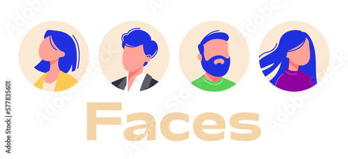 People avatar flat faces, business characters in flat design. Blue haired business man and woman colleagues collection. New, modern office workers in cartoon style. Minimal faces for startups (ID: 577835601)