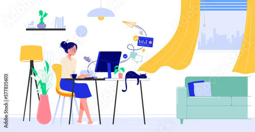 HOME OFFICE vector illustration in flat design. Woman sitting at desk in room, looking at computer screen and talking with colleagues online. Freelancer or blogger home office concept.