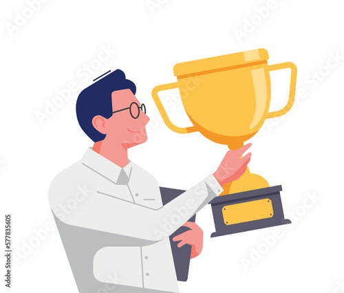 Employee of the year minimal illustration. A businessman is holding a golden trophy for his great work. Leader success, management concept. (ID: 577835605)