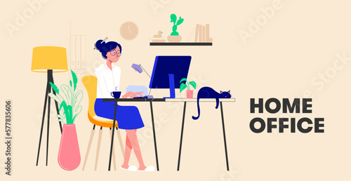 Woman working from home and talking with colleagues online. Woman sitting at desk in room, looking at computer screen. Freelancer or blogger home office concept. Flat Design Vector Illustration (ID: 577835606)