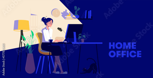 Woman working from home at night. Woman sitting at desk in dark room, looking at computer screen. Freelancer or blogger home office concept. Flat Design Vector Illustration (ID: 577835610)