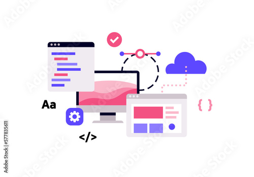Online study, self development. Website building flat vector illustration. Upload data or photos to the cloud. Sharing information. Minimal editable web icons. Online business products and services.