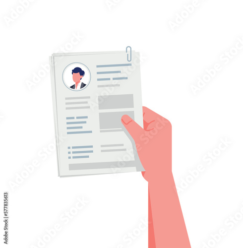 Resume in hand vector illustration. Human resources management concept, searching professional staff, work. Ready for job interview. Found right CV. Apply for a job. Selecting the right candidate. (ID: 577835613)
