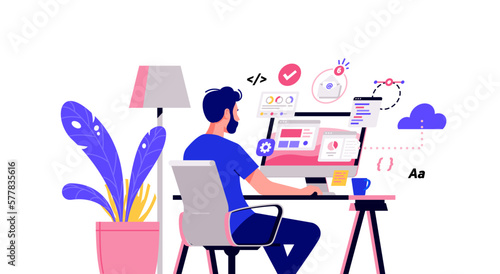 Working at home vector flat style illustration. Online career. Coworking space illustration. Young man freelancers working on laptop or computer at home. Developer at home in quarantine. (ID: 577835616)