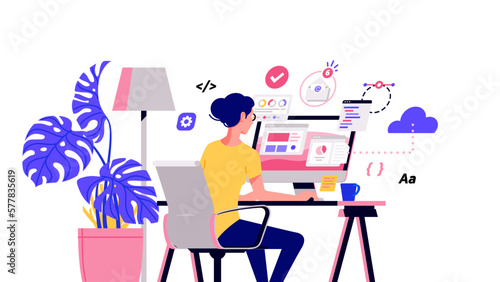 Working at home vector flat style illustration. Online career. Coworking space illustration. Young woman freelancers working on laptop or computer at home. Developer at home in quarantine (ID: 577835619)