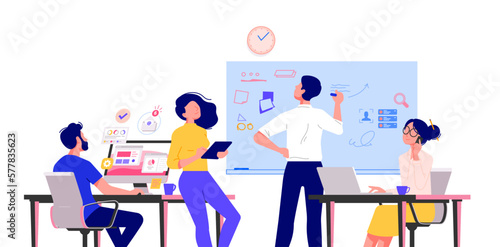 Business people characters working in the office. Minimal co-working space. Group of working office employees. Startup vector illustration. Team project  brainstorm  teamwork process during quarantine