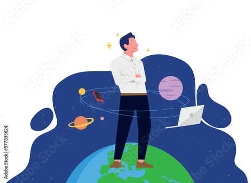 Best businessman in the universe. Manager stands on the top of the world with office tools on the background. Multitasking and time management concept. Business vector illustration template. (ID: 577835624)
