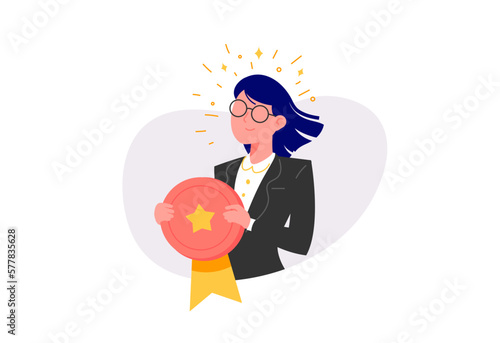 Employee of the Month vector illustration. Elegant businesswoman holding award. Congratulation for the best worker. (ID: 577835628)