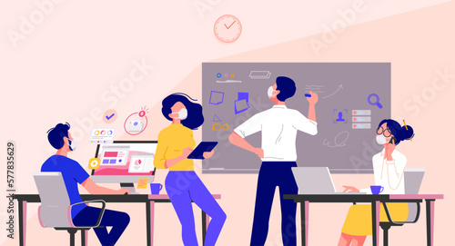 Business people wearing mask in the office. Minimal co-working space. Group of working office employees. Startup vector illustration. Team project, brainstorm, teamwork process during quarantine