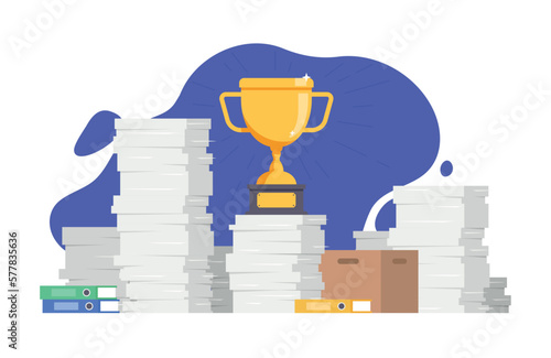 A pile of paperwork with a trophy on top. Brown carton paper box containing documents. Bureaucracy, and paperwork in office. Vector illustration in flat style. (ID: 577835636)