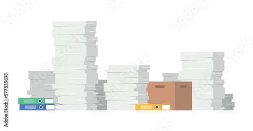 A pile of paper documents and work. Green, blue and yellow office file organiser. Brown carton paper box containing documents. Bureaucracy, and paperwork in office. Vector illustration in flat style (ID: 577835638)