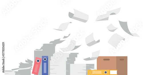 Group of flying or falling vector white papers. A pile of paper documents and work. Green, blue and yellow office file organiser. Brown carton box containing documents. Messy office design elements. (ID: 577835639)