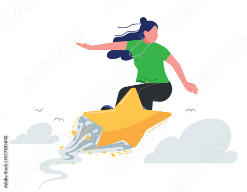 Young woman surfing the sky on a star-shaped surfboard. Riding on a star vector illustration. Successful businesswoman flying in the clouds. (ID: 577835640)